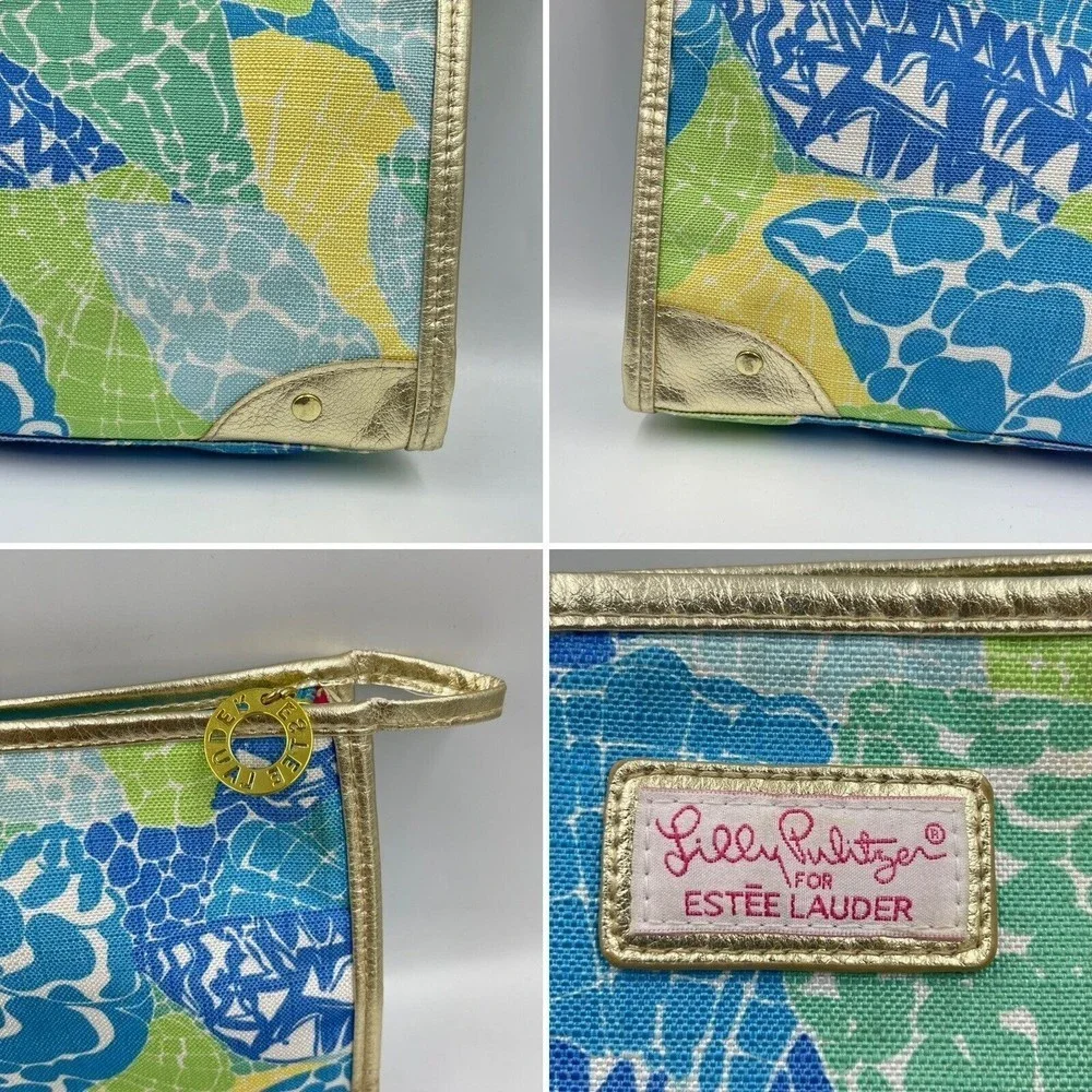 Estee Lauder Lilly Pulitzer Cosmetic Makeup bag Blue Green Gold Trim